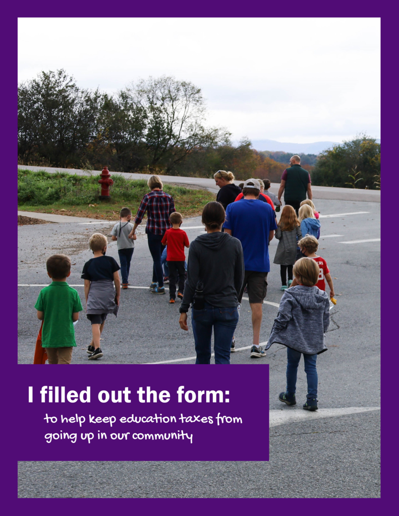 Image of people walking with the message to fill out the form to keep edu. taxes from going up
